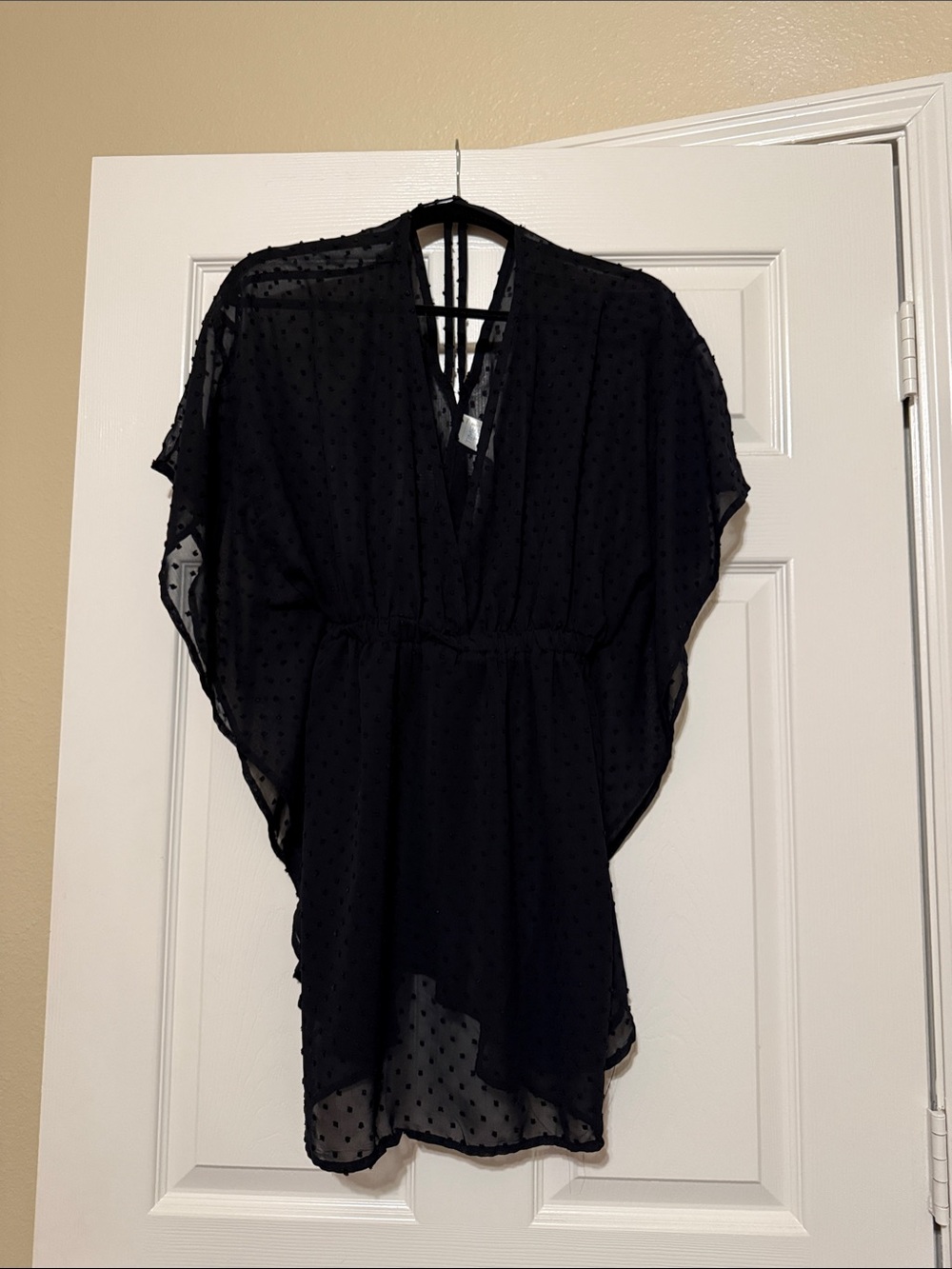 Time and Tru Black Sheer Swiss Dot Blouse with V-Neck